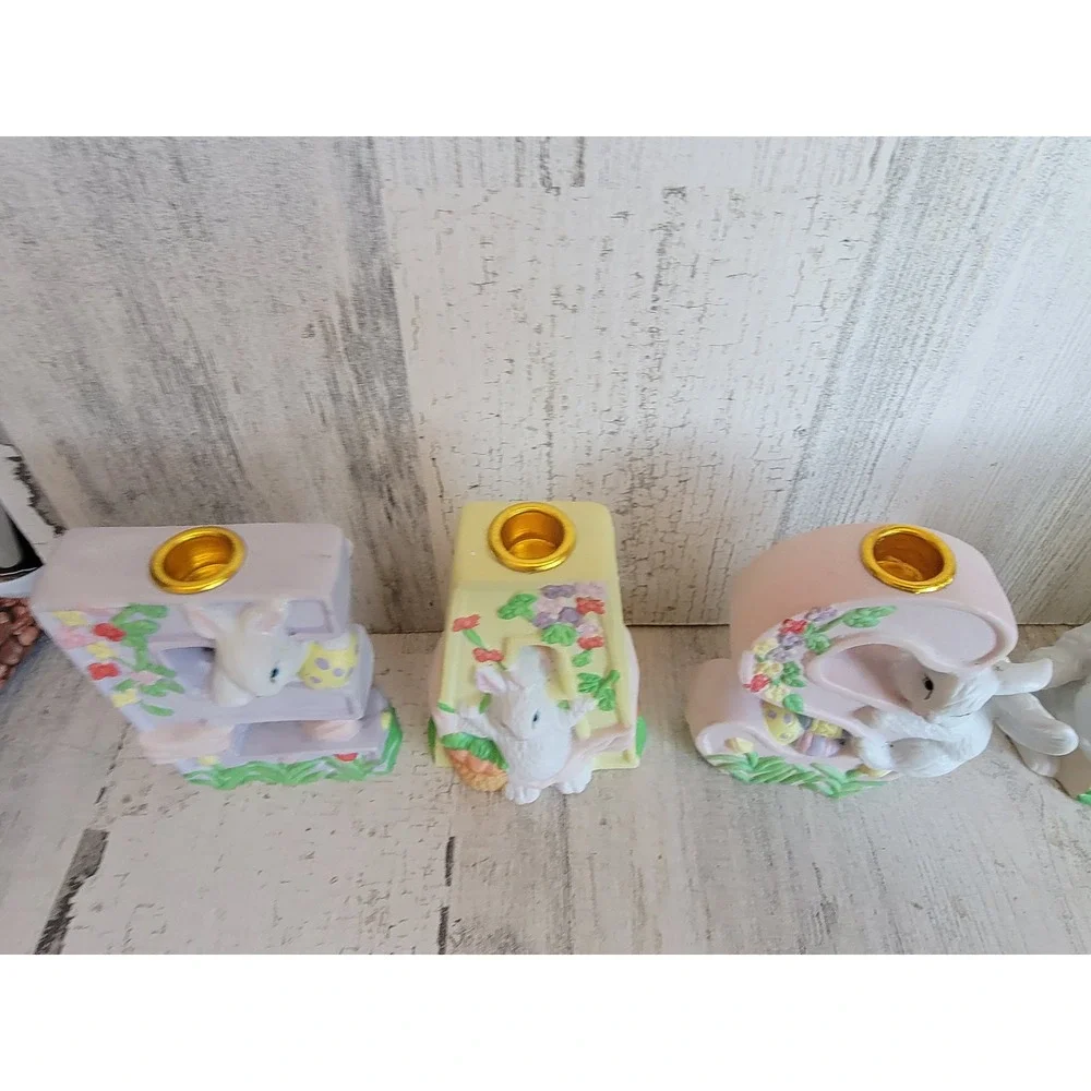 Easter‎ monogram ceramic candlestick holder bunny rabbit set spring home decor